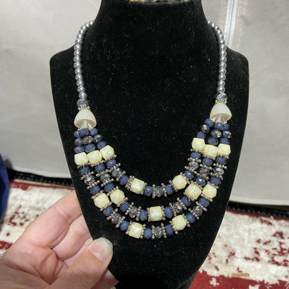 Silver Tone, Deep Smoky Blue and White triple Layered Necklace
